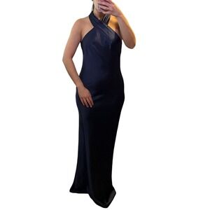 Lovely Bride Maxi Dress Womens Midnight Navy Blue Halter Open Back‎ Satin Gown